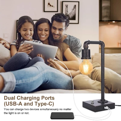 Itopfox Industrial Vintage Bedside Lamp With USB C/A Charging Ports, Dimmable Steampunk Office Lamp Metal Pipe Edison Reading Light For Bedroom, Dorm - Image 2
