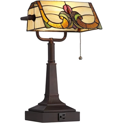 Robert Louis Tiffany Traditional Piano Banker Desk Table Lamp 17" High With AC Power Outlet Bronze Floral Art Glass Bedroom Office - Image 6