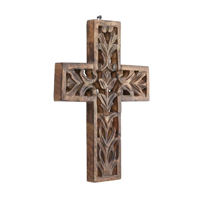 12" X 9" Mango Wood Biblical Carved Cross Wall Decor Brown - Olivia & May - Image 2