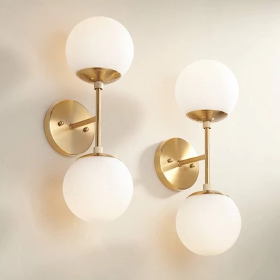 Possini Euro Design Oso Mid Century Wall Light Sconces Set Of 2 Soft Gold Hardwire 6" 2-Light Fixture Opal Glass For Bedroom Home