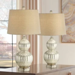 Regency Hill Lili Country Cottage Table Lamps 25" High Set Of 2 Fluted Mercury Glass Double Gourd Beige Drum Shade For Bedroom Living Room Bedside