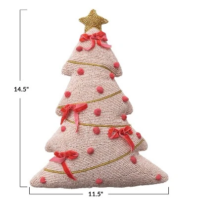 Storied Home Beaded Tree Shaped Pillow With Hand-Embroidery, Pom Poms, Appliqued Velvet Bows And Velvet Back, Pink And Gold Color