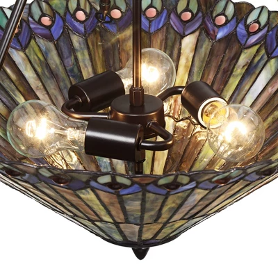 Robert Louis Tiffany Bronze Pendant Chandelier 20" Wide Rustic Peacock Stained Art Glass 3-Light Fixture For Dining Room House Kitchen Island Entryway - Image 6