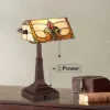 Robert Louis Tiffany Traditional Piano Banker Desk Table Lamp 17" High With AC Power Outlet Bronze Floral Art Glass Bedroom Office