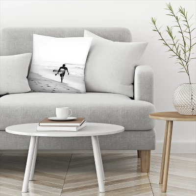 Surfer Walking On The Beach In Black And White By Tanya Shumkina Throw Pillow - Americanflat - Image 2