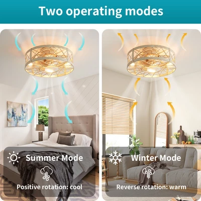 POWLIG 19.7" Round Industrial Ceiling Fan With Light Kit & Remote - White Gold Finish, Dual Season Mode, 6 Speeds, Timer - Image 6