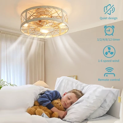 POWLIG 19.7" Round Industrial Ceiling Fan With Light Kit & Remote - White Gold Finish, Dual Season Mode, 6 Speeds, Timer