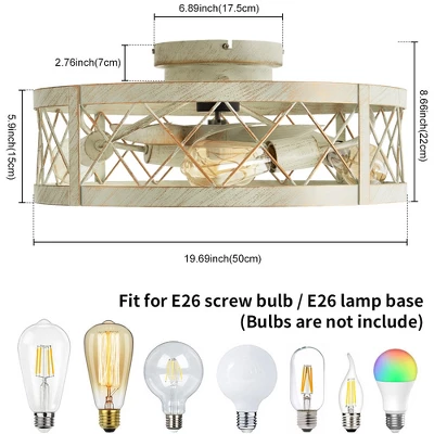 POWLIG 19.7" Round Industrial Ceiling Fan With Light Kit & Remote - White Gold Finish, Dual Season Mode, 6 Speeds, Timer - Image 3