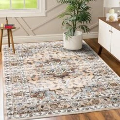 4x6 Area Rug, Machine Washable Rugs For Bedroom, Vintage Distressed Accent Rug, Stain Resistant Throw Kitchen Rugs With Non Slip Backing, Traditional