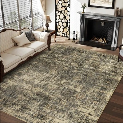 8x10 Rugs Washable Non-Slip - Vintage Floral Area Rug, Large Distressed Carpet, Soft Low Pile Machine Washable Rug (Green) - Image 3
