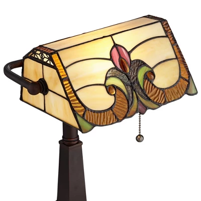 Robert Louis Tiffany Traditional Piano Banker Desk Table Lamp 17" High With AC Power Outlet Bronze Floral Art Glass Bedroom Office - Image 2