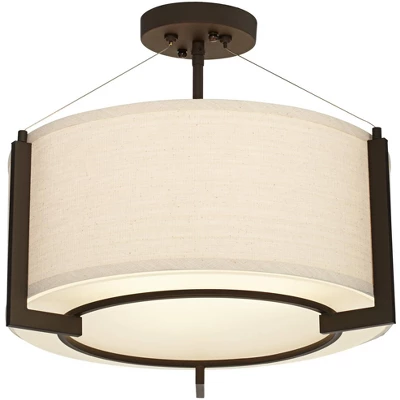 Possini Euro Design Stinson Modern Ceiling Light Semi Flush Mount Fixture 17 1/4" Wide Bronze 3-Light Linen Drum Shade For Bedroom Kitchen Living Room - Image 5
