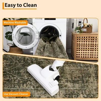 8x10 Rugs Washable Non-Slip - Vintage Floral Area Rug, Large Distressed Carpet, Soft Low Pile Machine Washable Rug (Green) - Image 4