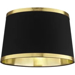 Springcrest Black And Gold Metallic Medium Drum Lamp Shade 13" Top X 15" Bottom X 10" High (Spider) Replacement With Harp And Finial
