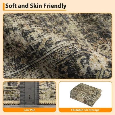 8x10 Rugs Washable Non-Slip - Vintage Floral Area Rug, Large Distressed Carpet, Soft Low Pile Machine Washable Rug (Green) - Image 7