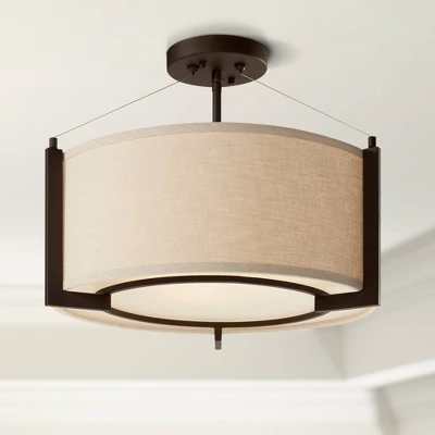 Possini Euro Design Stinson Modern Ceiling Light Semi Flush Mount Fixture 17 1/4" Wide Bronze 3-Light Linen Drum Shade For Bedroom Kitchen Living Room