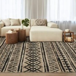 5x7 Washable Rugs Non Slip - Boho Geometric Area Rug For Living Room, Bedroom (Neutral)