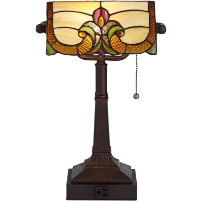 Robert Louis Tiffany Traditional Piano Banker Desk Table Lamp 17" High With AC Power Outlet Bronze Floral Art Glass Bedroom Office - Image 7