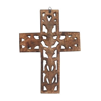12" X 9" Mango Wood Biblical Carved Cross Wall Decor Brown - Olivia & May - Image 3