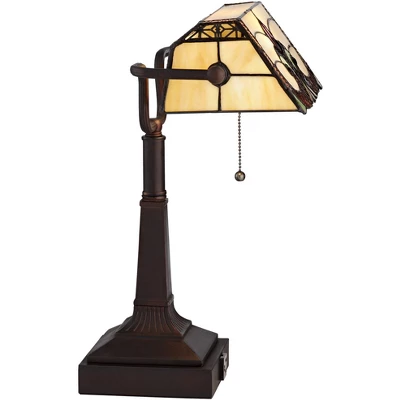 Robert Louis Tiffany Traditional Piano Banker Desk Table Lamp 17" High With AC Power Outlet Bronze Floral Art Glass Bedroom Office - Image 8