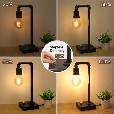 Itopfox Industrial Vintage Bedside Lamp With USB C/A Charging Ports, Dimmable Steampunk Office Lamp Metal Pipe Edison Reading Light For Bedroom, Dorm