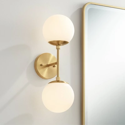 Possini Euro Design Oso Mid Century Wall Light Sconces Set Of 2 Soft Gold Hardwire 6" 2-Light Fixture Opal Glass For Bedroom Home - Image 7