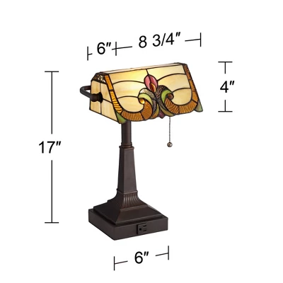 Robert Louis Tiffany Traditional Piano Banker Desk Table Lamp 17" High With AC Power Outlet Bronze Floral Art Glass Bedroom Office - Image 5