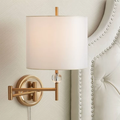 Possini Euro Design Kohle Modern Swing Arm Wall Lamp Polished Brass Plug-in Light Fixture White Inner Sheer Outer Drum Shade For Bedroom Bedside House