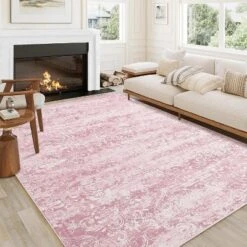 6x9 Pink Rug Machine Washable Soft Vintage Damask Distressed Boho Abstract Foldable Ultra-Thin Non-Slip Nursery Dining Room