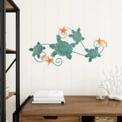Sea Turtles Wall Art With Shells And Starfish- Nautical 3D Metal Hanging Décor-Vintage Coastal Under Water Sea Life Ocean Home Artwork By Lavish Home - Image 5