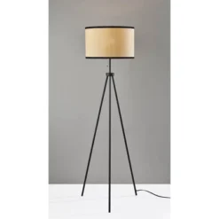 Adesso Raven Floor Lamp Black: Tripod Base, Natural Woven Paper Shade, 58.5" Height