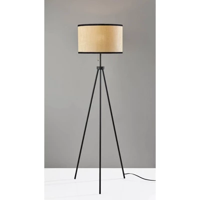Adesso Raven Floor Lamp Black: Tripod Base, Natural Woven Paper Shade, 58.5" Height