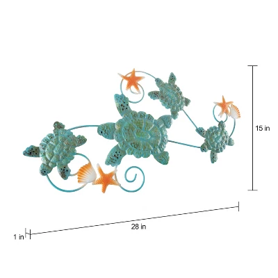 Sea Turtles Wall Art With Shells And Starfish- Nautical 3D Metal Hanging Décor-Vintage Coastal Under Water Sea Life Ocean Home Artwork By Lavish Home - Image 2