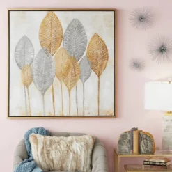Canvas Leaf Framed Wall Art With Gold Frame Brown - CosmoLiving By Cosmopolitan