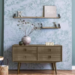 60" Solid Wood Ledge Wall Shelf, Driftwood Finish & Metal Bracket - InPlace: EZ Anchors, Open Shelves