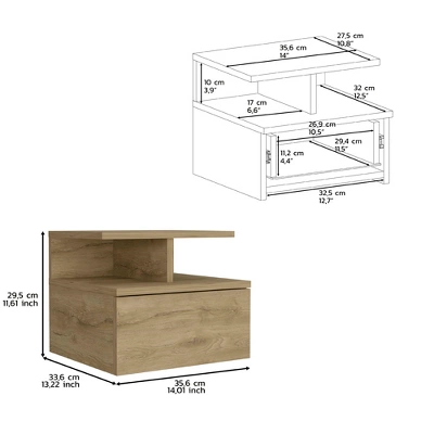 Floating Nightstand 12"H, Wall Mounted With Single Drawer And 2-Tier Shelf, Macadamia - Image 2
