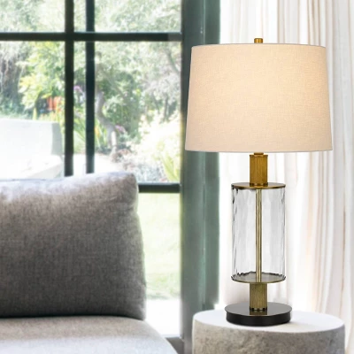31" Morrilton Glass And Metal Table Lamp With Wood Poles Hardback Fabric Drum Shade Antique Brass - Cal Lighting - Image 2