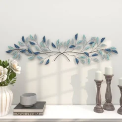 15" X 52" Metal Leaf Wall Decor With Gold Accent Blue - Olivia & May