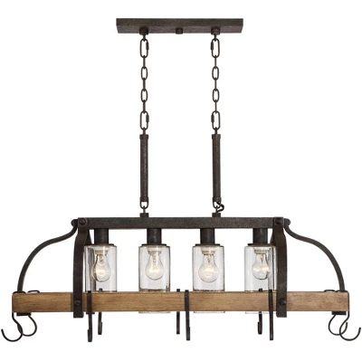 Franklin Iron Works Eldrige Bronze Faux Wood Pot Rack Linear Pendant Chandelier 36 1/2" Wide Rustic Farmhouse Seeded Glass 4-Light For Dining Room - Image 4
