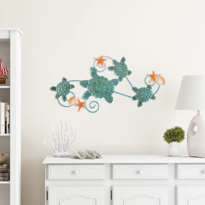 Sea Turtles Wall Art With Shells And Starfish- Nautical 3D Metal Hanging Décor-Vintage Coastal Under Water Sea Life Ocean Home Artwork By Lavish Home - Image 4