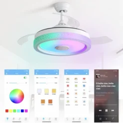 42 Inch RGB LED Ceiling Fan With Light And Remote Retractable Ceiling Fan Dimmable Adjustable Wind Speeds With Music Speaker