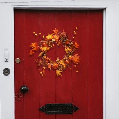 National Tree Company Wreath With Pumpkins Maples And Leaves Red/Orange (21")