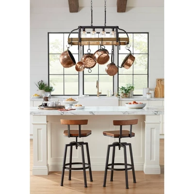 Franklin Iron Works Eldrige Bronze Faux Wood Pot Rack Linear Pendant Chandelier 36 1/2" Wide Rustic Farmhouse Seeded Glass 4-Light For Dining Room - Image 8