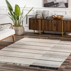 Nuloom Nicky Striped 4x6 Wool Jute Indoor Area Rug For Dining Room Rug Neutral Rug Living Room Rug Kitchen, Beige
