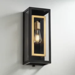 Possini Euro Design Double Box Modern Wall Light Sconce Matte Black Warm Brass Hardwire 6 3/4" Fixture Clear Glass For Bedroom Bathroom Vanity House