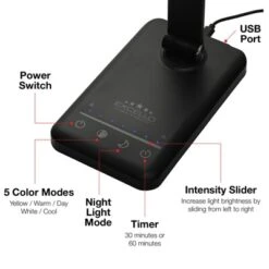 Excello Brands Wellness Series 5-Touch Adjustable Pivot LED Desk Lamp, 16", Black