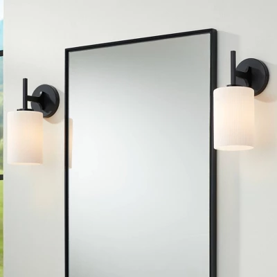 Possini Euro Design Nanni 12" High Modern Wall Sconce Light Lamp Fixture Mount Set Of 2 Bathroom Bedroom Hardwired Matte Black Milk Glass Shade