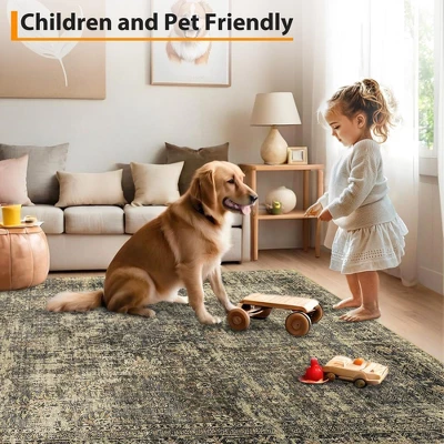 8x10 Rugs Washable Non-Slip - Vintage Floral Area Rug, Large Distressed Carpet, Soft Low Pile Machine Washable Rug (Green)