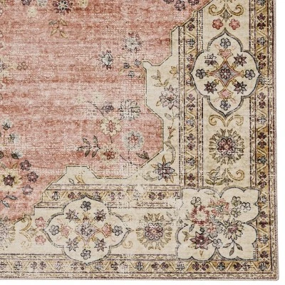 2'x8' Washable Blanton Rug Pink/Ivory - Linon: Rubber Backed, Stain-Resistant, Low Pile, Traditional Medallion Design