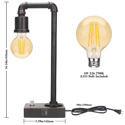 Itopfox Industrial Vintage Bedside Lamp With USB C/A Charging Ports, Dimmable Steampunk Office Lamp Metal Pipe Edison Reading Light For Bedroom, Dorm - Image 4